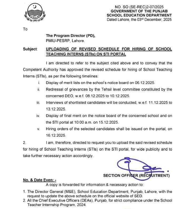 Revised Schedule for Hiring of STIs