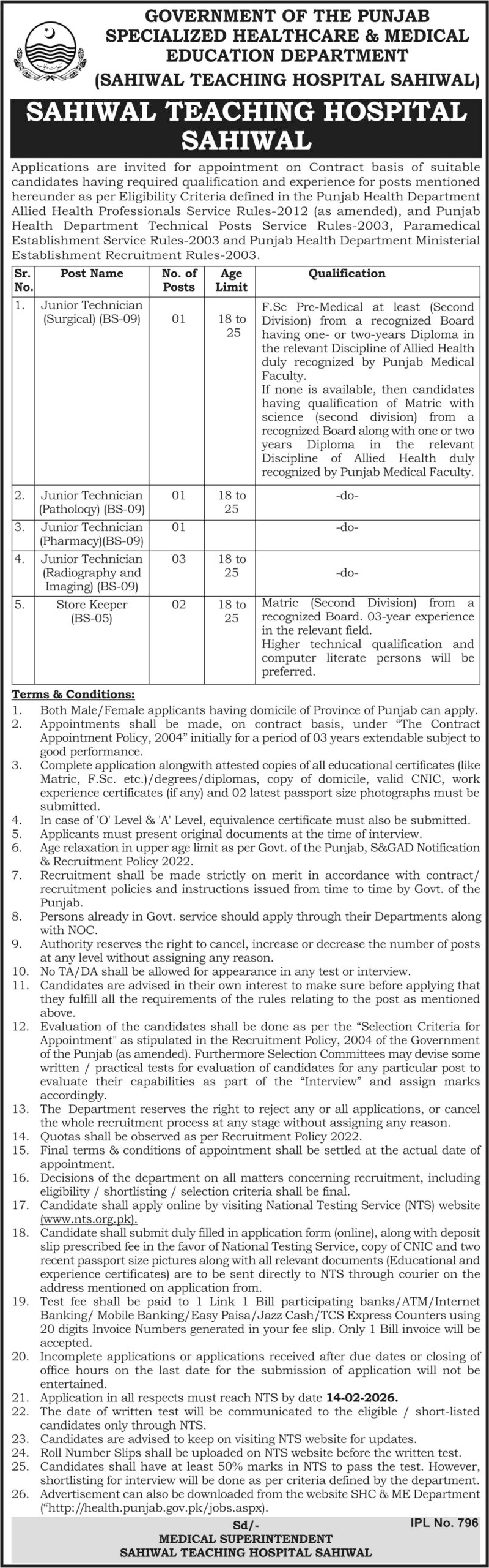Government Sahiwal Teaching Hospital Jobs 2026 Advertisement